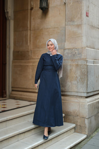 Kendinden Bağlamalı Poplin Elbise Lacivert