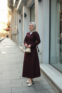 Kendinden Bağlamalı Poplin Elbise Mürdüm