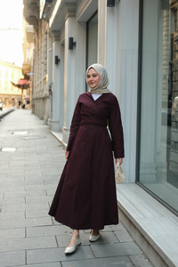 Kendinden Bağlamalı Poplin Elbise Mürdüm