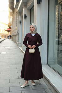 Kendinden Bağlamalı Poplin Elbise Mürdüm