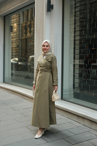 Kendinden Bağlamalı Poplin Elbise Yeşil