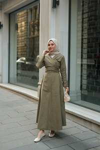 Kendinden Bağlamalı Poplin Elbise Yeşil