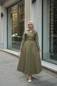 Kendinden Bağlamalı Poplin Elbise Yeşil