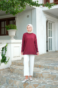 Kendinden Çizgi Desen Tunik Bordo