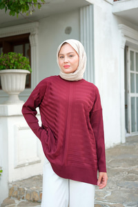 Kendinden Çizgi Desen Tunik Bordo