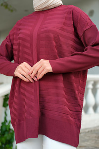 Kendinden Çizgi Desen Tunik Bordo