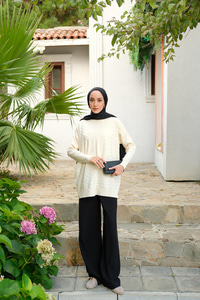 Kendinden Çizgi Desen Tunik Ekru