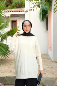 Kendinden Çizgi Desen Tunik Ekru