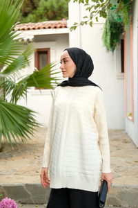 Kendinden Çizgi Desen Tunik Ekru