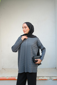 Kendinden Çizgi Desen Tunik Füme