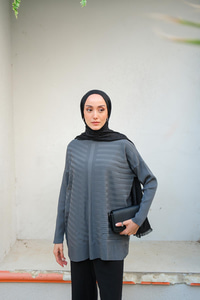 Kendinden Çizgi Desen Tunik Füme