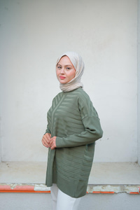 Kendinden Çizgi Desen Tunik Haki Yeşil