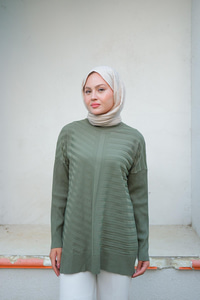 Kendinden Çizgi Desen Tunik Haki Yeşil