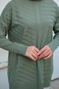 Kendinden Çizgi Desen Tunik Haki Yeşil