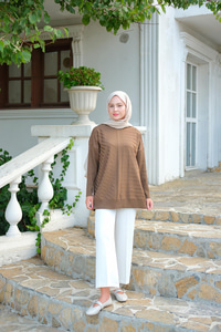 Kendinden Çizgi Desen Tunik Kahverengi