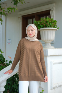 Kendinden Çizgi Desen Tunik Kahverengi