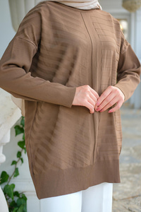 Kendinden Çizgi Desen Tunik Kahverengi