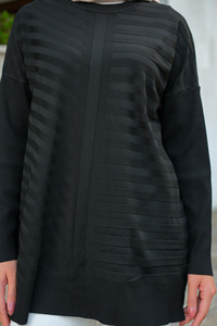 Kendinden Çizgi Desen Tunik Siyah