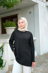 Kendinden Çizgi Desen Tunik Siyah