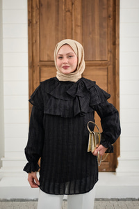 Kendinden Çizgi Desenli Yaka Büzgülü Tunik Siyah