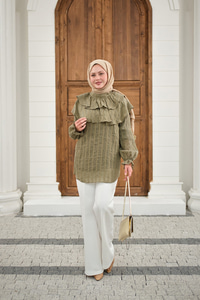 Kendinden Çizgi Desenli Yaka Büzgülü Tunik Yeşil