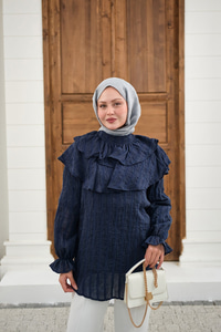 Kendinden Çizgi Desenli Yaka Büzgülü Tunik Lacivert