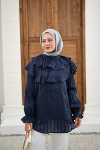 Kendinden Çizgi Desenli Yaka Büzgülü Tunik Lacivert