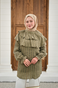 Kendinden Çizgi Desenli Yaka Büzgülü Tunik Yeşil