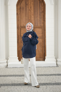 Kendinden Çizgi Desenli Yaka Büzgülü Tunik Lacivert