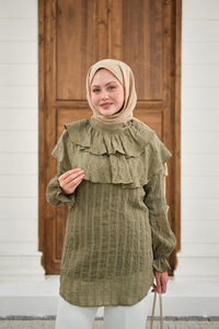 Kendinden Çizgi Desenli Yaka Büzgülü Tunik Yeşil