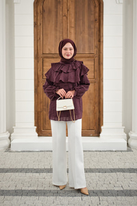 Kendinden Çizgi Desenli Yaka Büzgülü Tunik Mürdüm