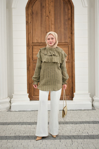 Kendinden Çizgi Desenli Yaka Büzgülü Tunik Yeşil