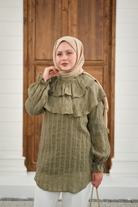 Kendinden Çizgi Desenli Yaka Büzgülü Tunik Yeşil