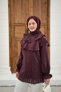 Kendinden Çizgi Desenli Yaka Büzgülü Tunik Mürdüm