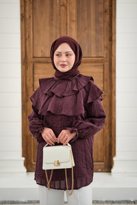 Kendinden Çizgi Desenli Yaka Büzgülü Tunik Mürdüm