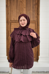 Kendinden Çizgi Desenli Yaka Büzgülü Tunik Mürdüm