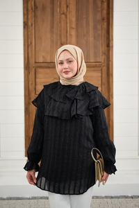 Kendinden Çizgi Desenli Yaka Büzgülü Tunik Siyah