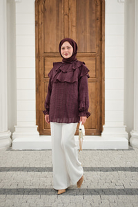 Kendinden Çizgi Desenli Yaka Büzgülü Tunik Mürdüm