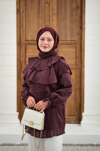 Kendinden Çizgi Desenli Yaka Büzgülü Tunik Mürdüm