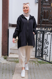 Kendinden Çizgili Hırka Siyah