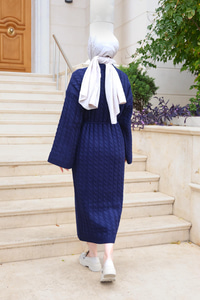 Kendinden Desenli Bel Bağlamalı Elbise Lacivert