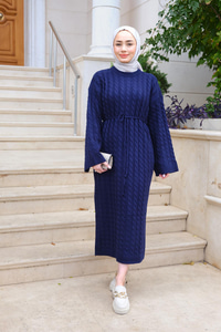 Kendinden Desenli Bel Bağlamalı Elbise Lacivert