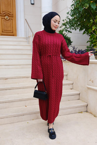 Kendinden Desenli Bel Bağlamalı Elbise Kırmızı