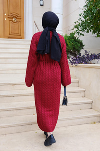 Kendinden Desenli Bel Bağlamalı Elbise Kırmızı