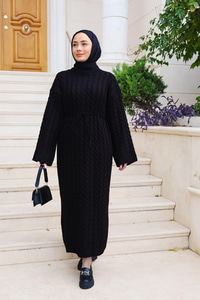 Kendinden Desenli Bel Bağlamalı Elbise Siyah