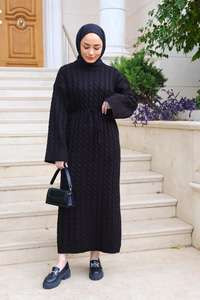 Kendinden Desenli Bel Bağlamalı Elbise Siyah