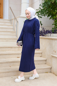 Kendinden Desenli Bel Bağlamalı Elbise Lacivert