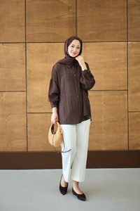 Kendinden Desenli Bel Bağlamalı Kahverengi