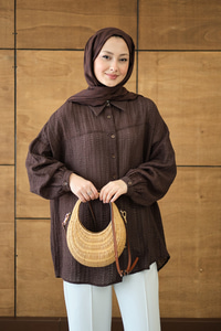 Kendinden Desenli Bel Bağlamalı Kahverengi