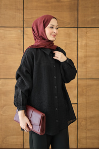 Kendinden Desenli Bel Bağlamalı Siyah